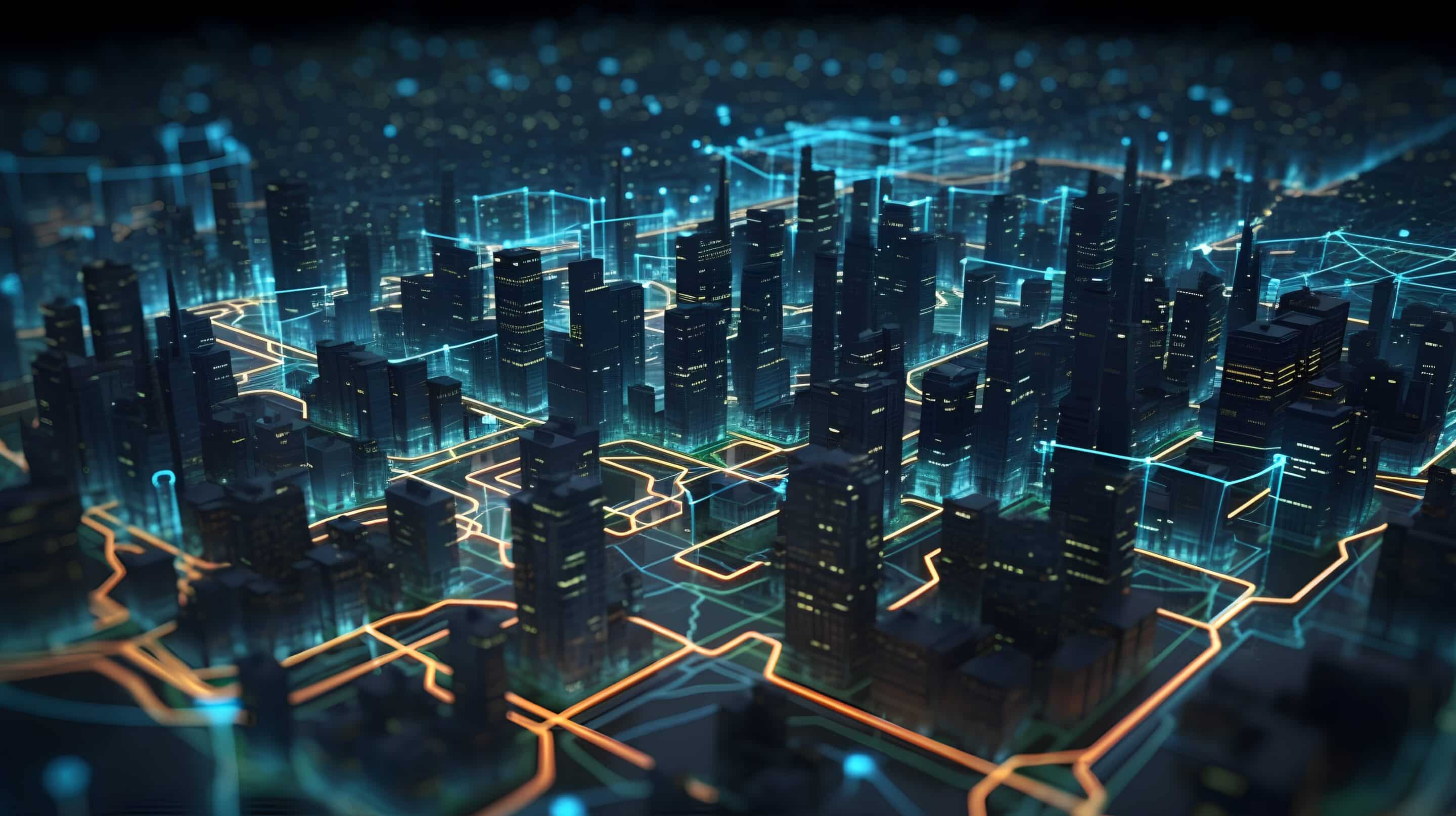 Smart city on a dark blue background, featuring intelligent infr